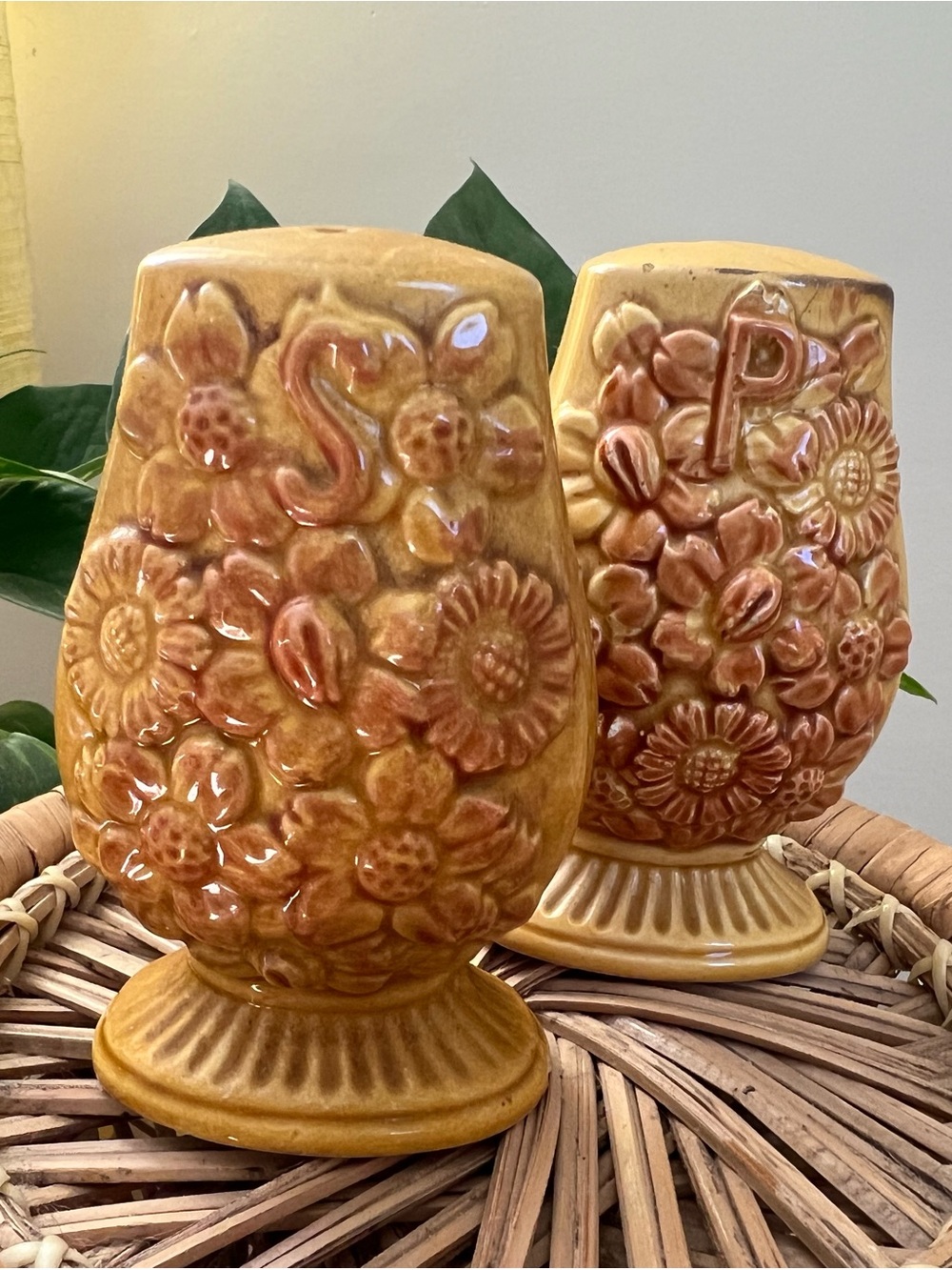 Ceramic Floral Salt and Pepper Shaker Set - Yellow Glaze